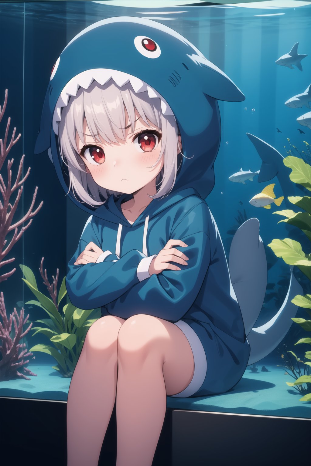 (masterpiece), 1girl, animal costume, blue shark costume, long sleeves, frown, looking at viewer, crossed arms, aquarium background, sitting, red eyes, hood up