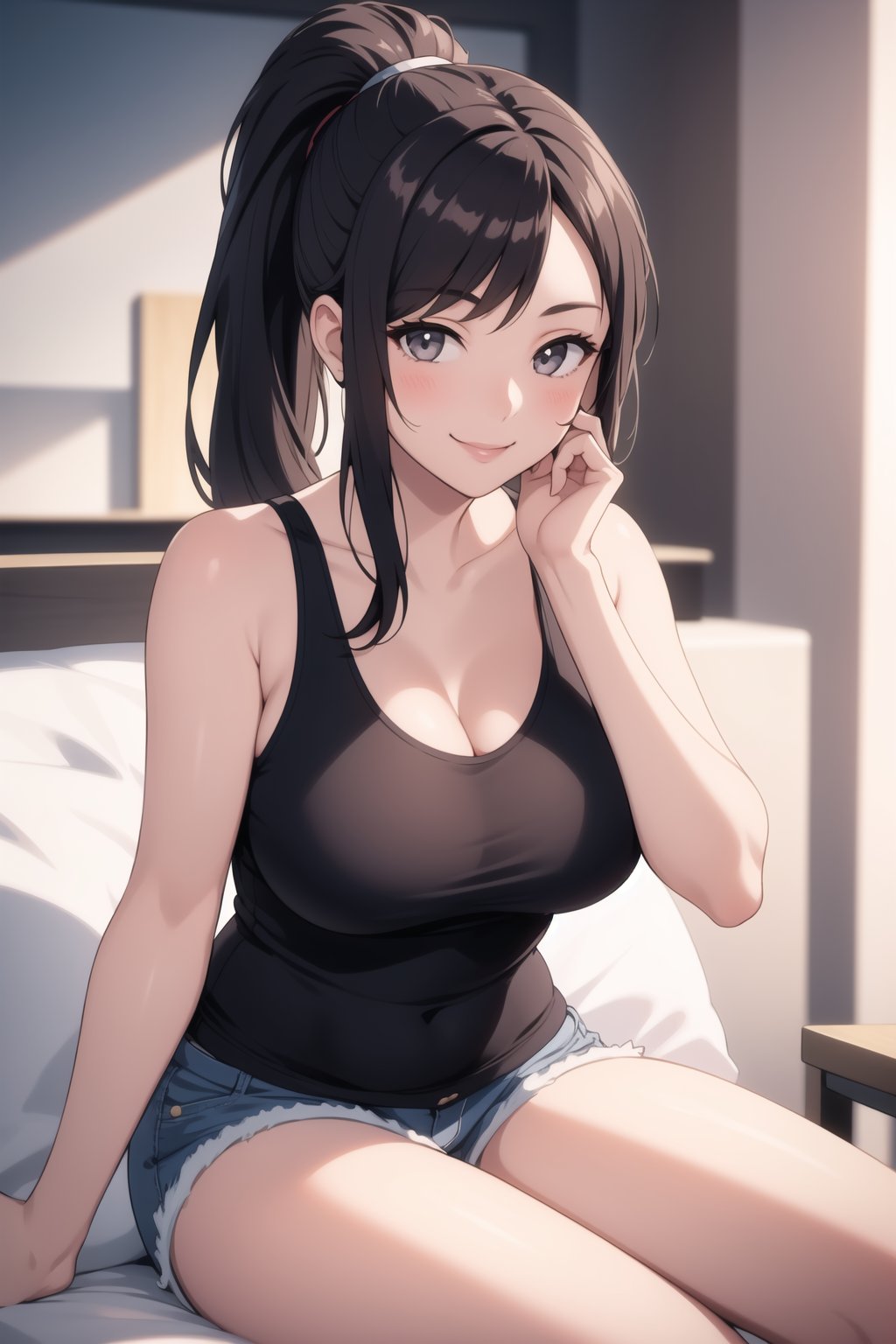 (masterpiece), 1girl, smile, looking at viewer, hands on own cheeks, ponytail, tank top, shorts