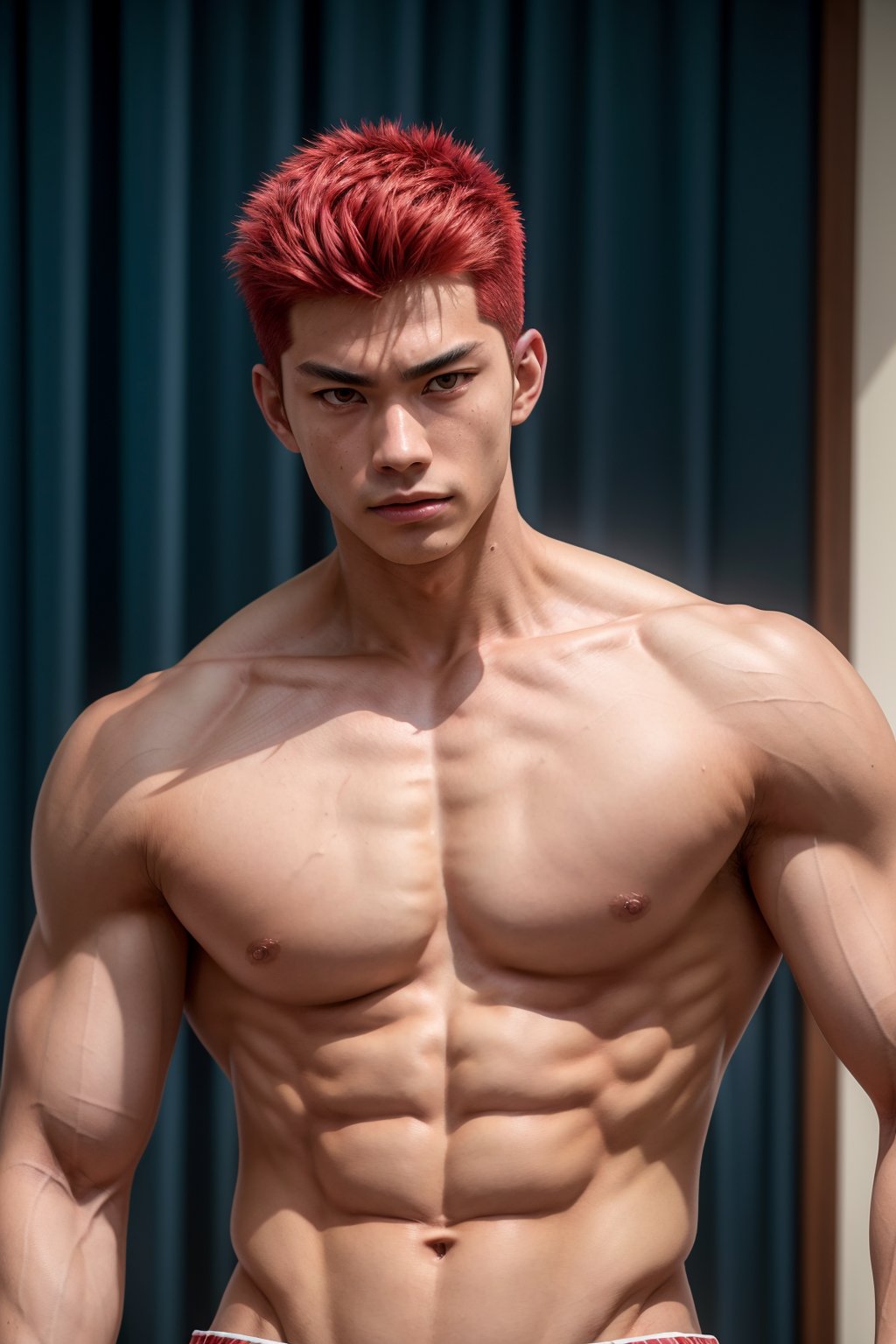 hanamichi sakuragi, young man, red dyed hair, asian, looking at you, muscular, navel hair, shorts, tank top, park, daylight, broad shoulders, navel hair