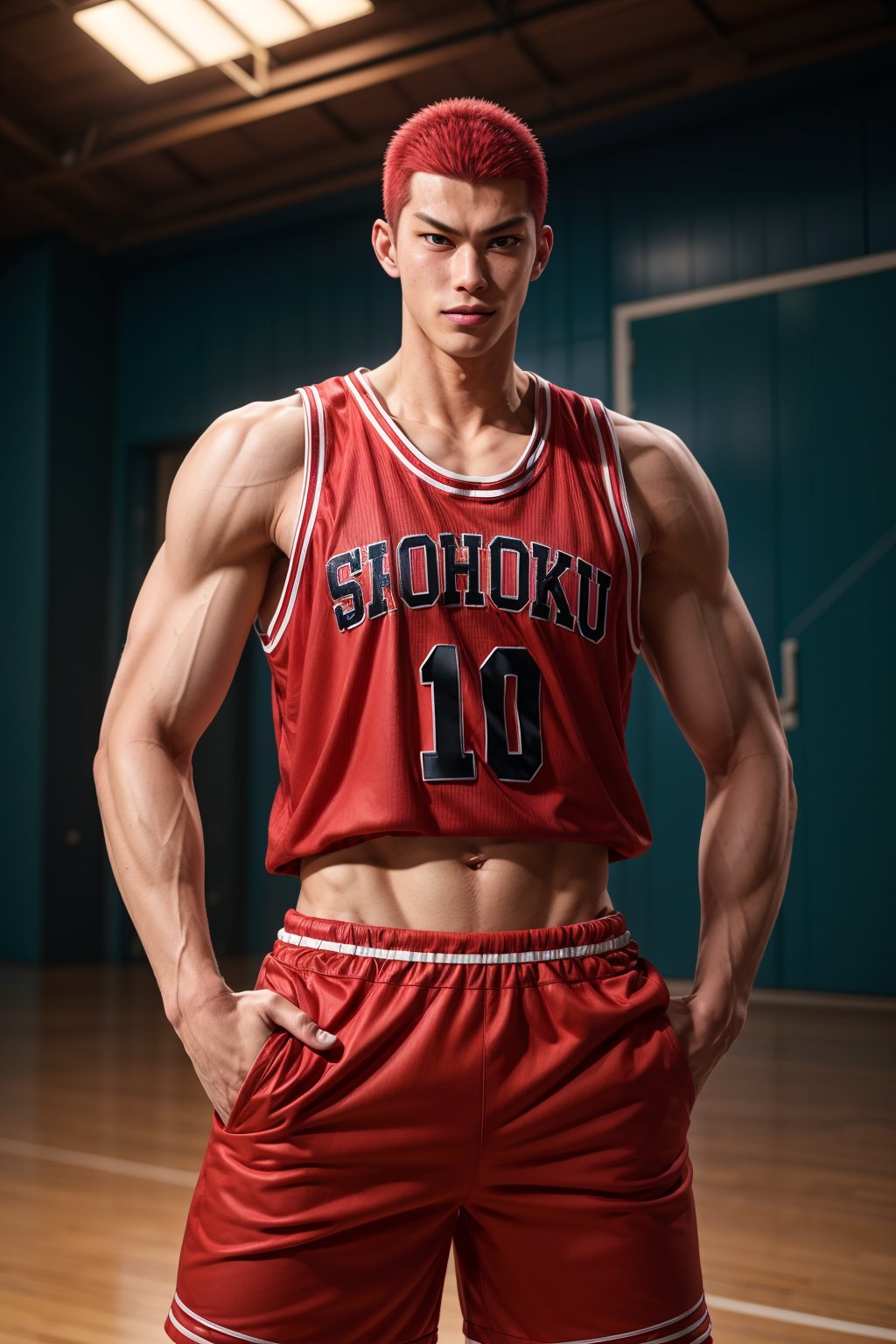 hanamichi sakuragi, young man, red dyed hair, asian, looking at you, muscular,  shorts, basketball outfit, basketball shirt, basketball field, inside, daylight, broad shoulders, navel hair, buzzcut, arrogant smirk,realistic