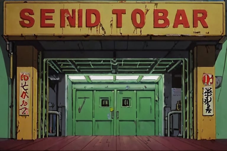 a frame of a animated film of  an entrance to a seeding bar in neo tokyo, style akirafilm 