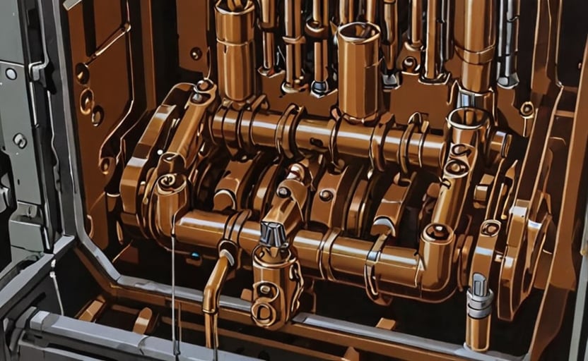 a frame of a animated film of   inside a mechanical machine, Medium Brown, displays, style akirafilm 