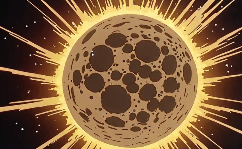 a frame of a animated film of  an exploding moon, style akirafilm 
