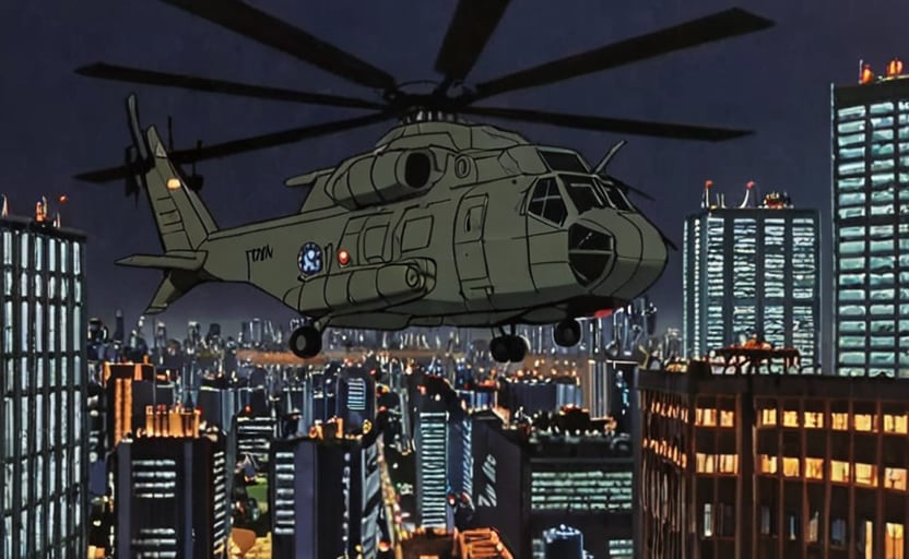 a frame of a animated film of a large military helicopter flying over new tokyo at night, style akirafilm 