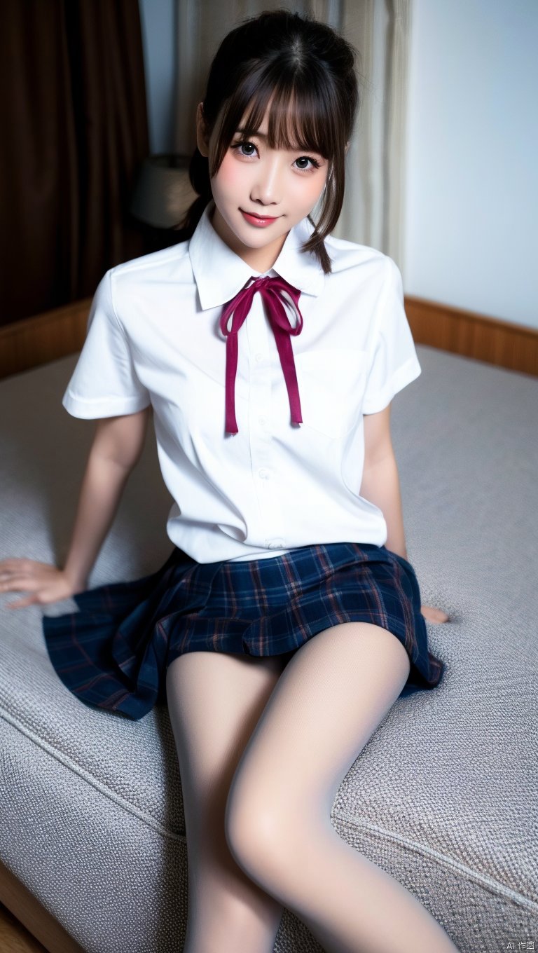  1girl,  solo,white pantyhose, pantyhose, brown hair, skirt, sitting, brown eyes, looking at viewer, school uniform, shirt, white shirt, ribbon, red ribbon, indoors, plaid skirt, bed, neck ribbon, short hair, plaid, bangs, on bed, no shoes, smile, arm support, blue skirt, short sleeves, lips, window, pleated skirt, closed mouth, shirt tucked in, yokozuwari, pillow, collared shirt, bed sheet head tilt, blunt bangs, realistic, ponytail, full body, leaning to the side, day, copyright name, legs, bedroom, from above, sunlight, nose, feet, red lips, dated, dress shirt, see-through, medium hair, long hair, breasts, black eyes, sidelocks, pink lips, curtains, high-waist skirt, blue eyes,  blush