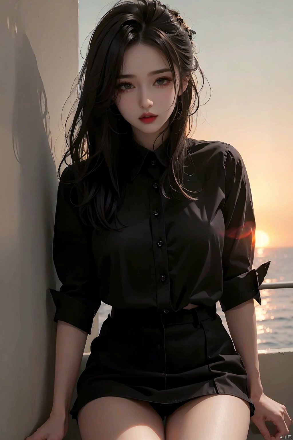  1girl,collared shirt,wall,afterglow,Sunset,eye-shadow,thighs,sexy