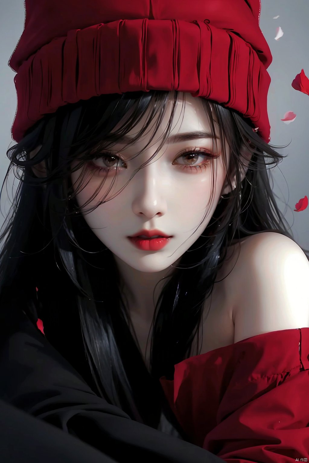  1girl, solo, long hair, looking at viewer, shirt, black hair,, hat, bare shoulders, closed mouth, upper body, off shoulder,black eyes, lips, petals, makeup, pale skin, red headwear, head rest, beanie, red lips,