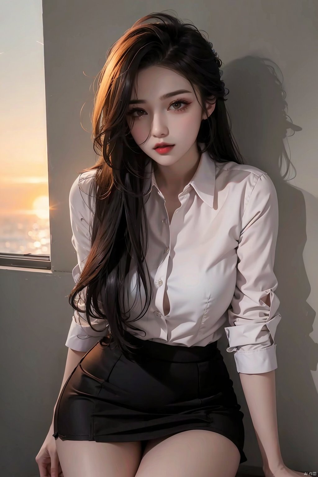  1girl,collared shirt,wall,afterglow,Sunset,eye-shadow,thighs,sexy