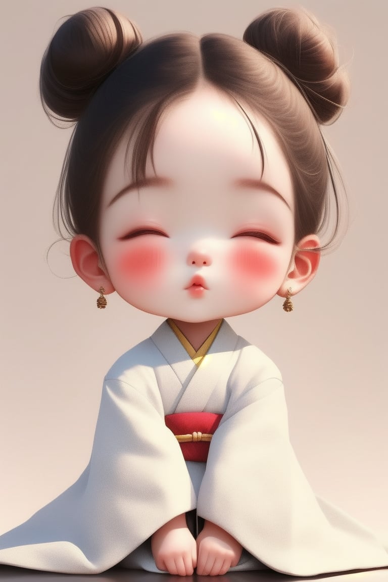 chibi,kawaii,1girl, solo, simple background, brown hair, black hair, long sleeves, white background, sitting, closed mouth, full body, closed eyes, japanese clothes, artist name, wide sleeves, kimono, hair bun, lips, eyelashes, watermark, single hair bun, own hands together, child, facing viewer, web address, forehead, robe, white kimono, forehead mark, female child, hair pulled back, white robe, praying