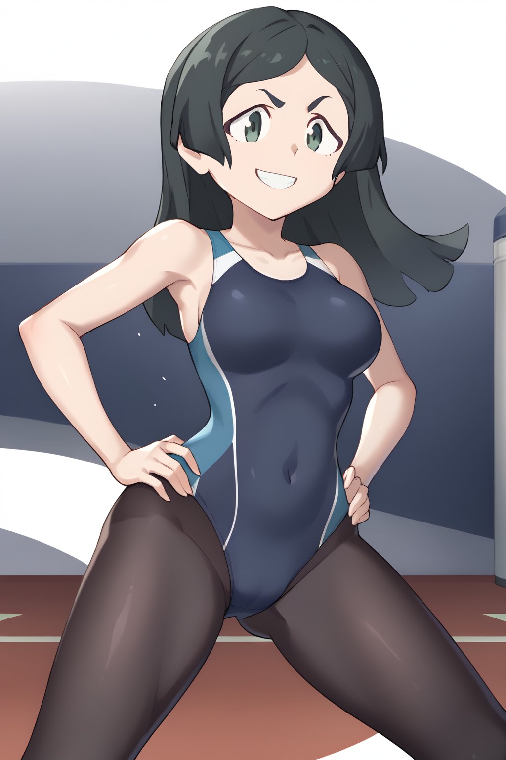 (1girl, solo,(Barbara_parker), long hair, black hair, green eyes, competition swimsuit, navy blue swimsuit, black pantyhose, hands on hip, fighting pose, evil smile)
