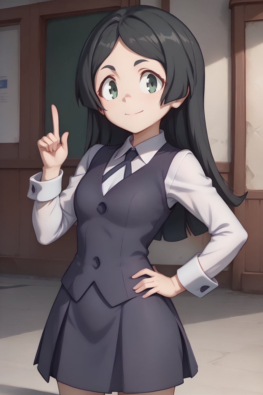 (1girl, solo,(Barbara_parker), long hair, black hair, green eyes, luna_nova_school_uniform, long sleeves, neck ribbon, collared shirt, vest, skirt, hands on hip, happy, closed mouth,looking at viewer, index finger)