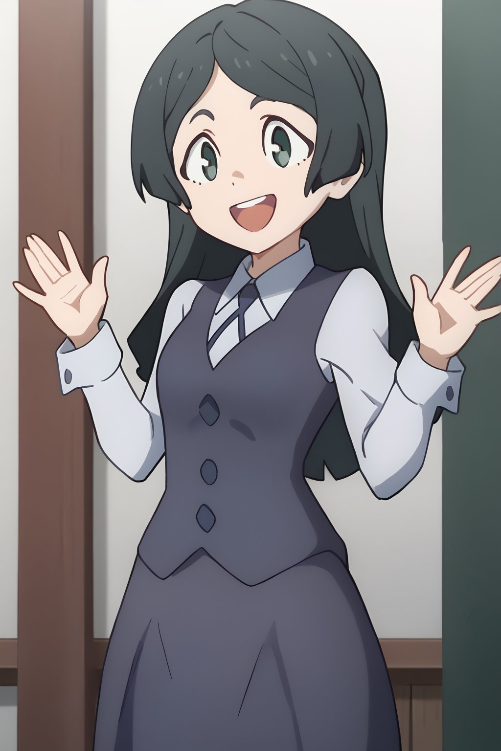 (1girl, solo,(Barbara_parker), long hair, black hair, green eyes, long sleeves, collared shirt, vest, skirt, standing, happy)