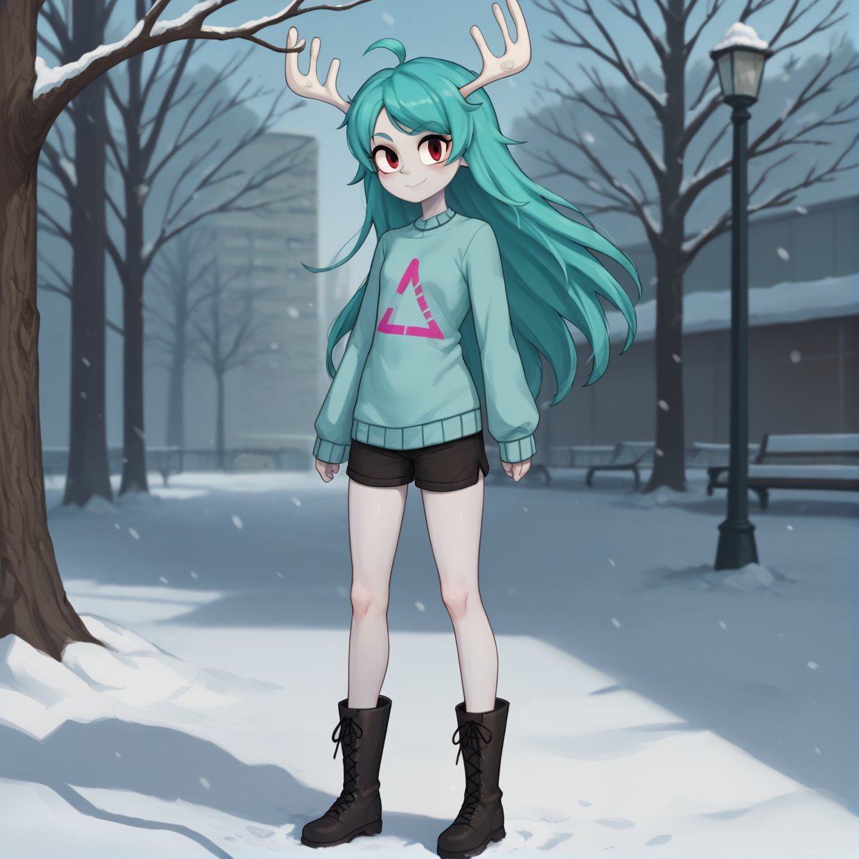 score_9_up, score_8_up, score_7_up, score_6_up, score_5_up, score_4_up, source_anime, BREAK, GobbletyTobblety, 1girl, antlers on head. aqua hair, long hair, red eyes, smile, looking at viewer, pale skin, gray skin, aqua sweater. black shorts, black boots, standing, full body, BREAK, outdoors, park, snow, falling snow, gray sky, 