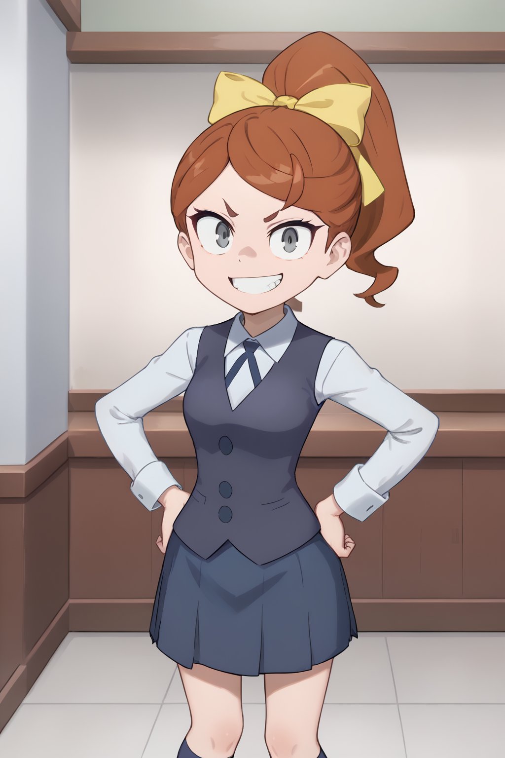 (1girl, solo, (Hannah_england), (cinnamon hair, grey eyes, hair bow, yellow bow, ponytail), (luna_nova_school_uniform), long sleeves, neck ribbon, collared shirt, vest, navy blue skirt, standing, looking at viewer, looking at viewer, crazy smile, hands on hip, blue socks, loafers),SFW