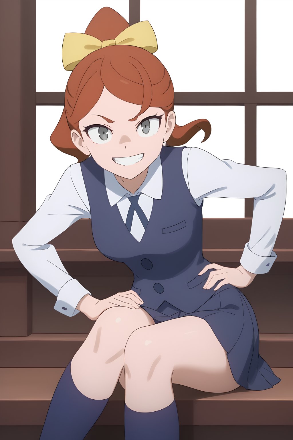 (1girl, solo, (Hannah_england), (cinnamon hair, grey eyes, hair bow, yellow bow, ponytail), (luna_nova_school_uniform), long sleeves, neck ribbon, collared shirt, vest,  skirt, standing, looking at viewer, looking at viewer, crazy smile, hands on hip, blue socks, loafers, sitting),SFW,score_9