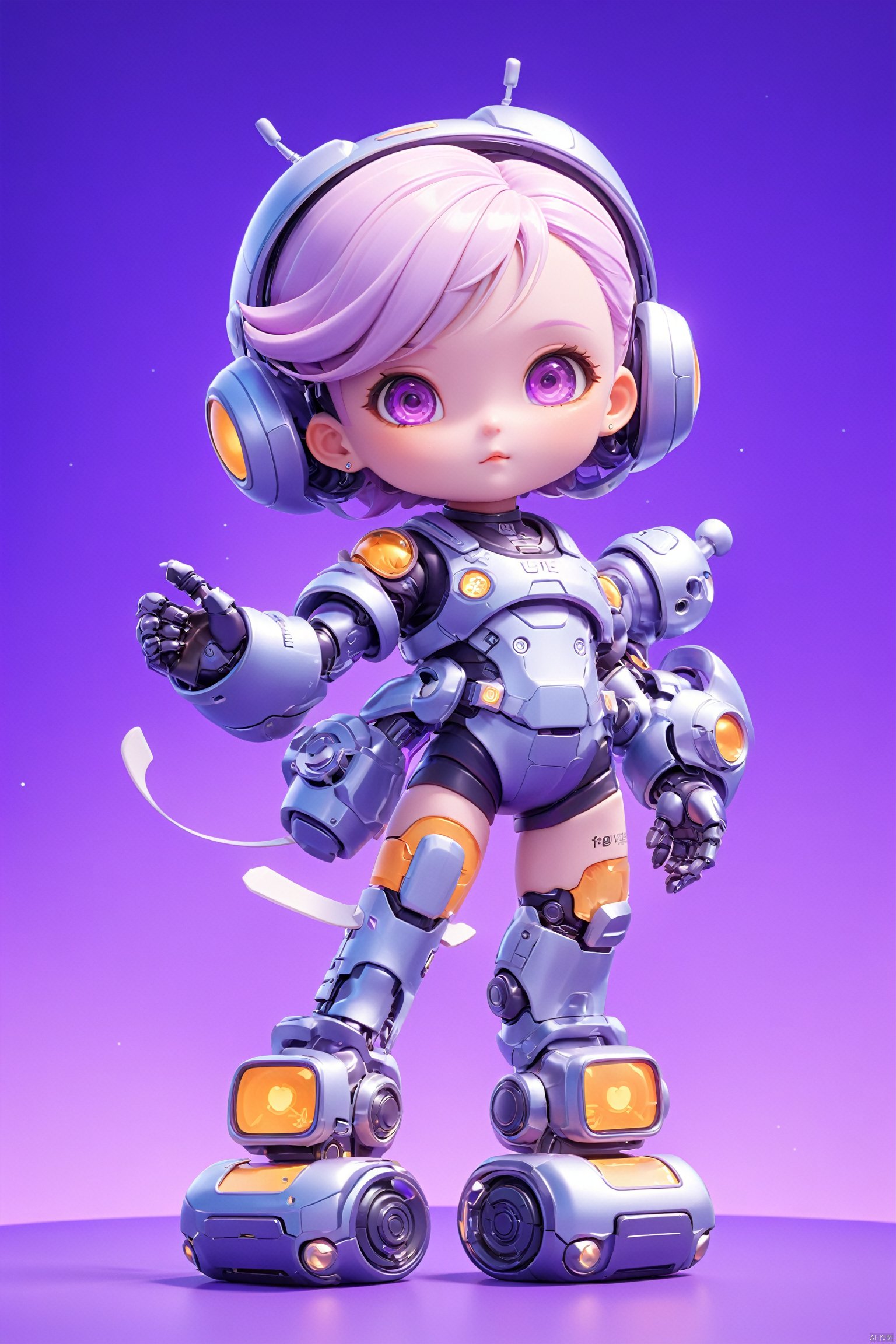 3D IP\(hubgstyle)\,
masterpiece, best quality,8K,official art, ultra high res, 1girl,chibi, full body, robot, purple background