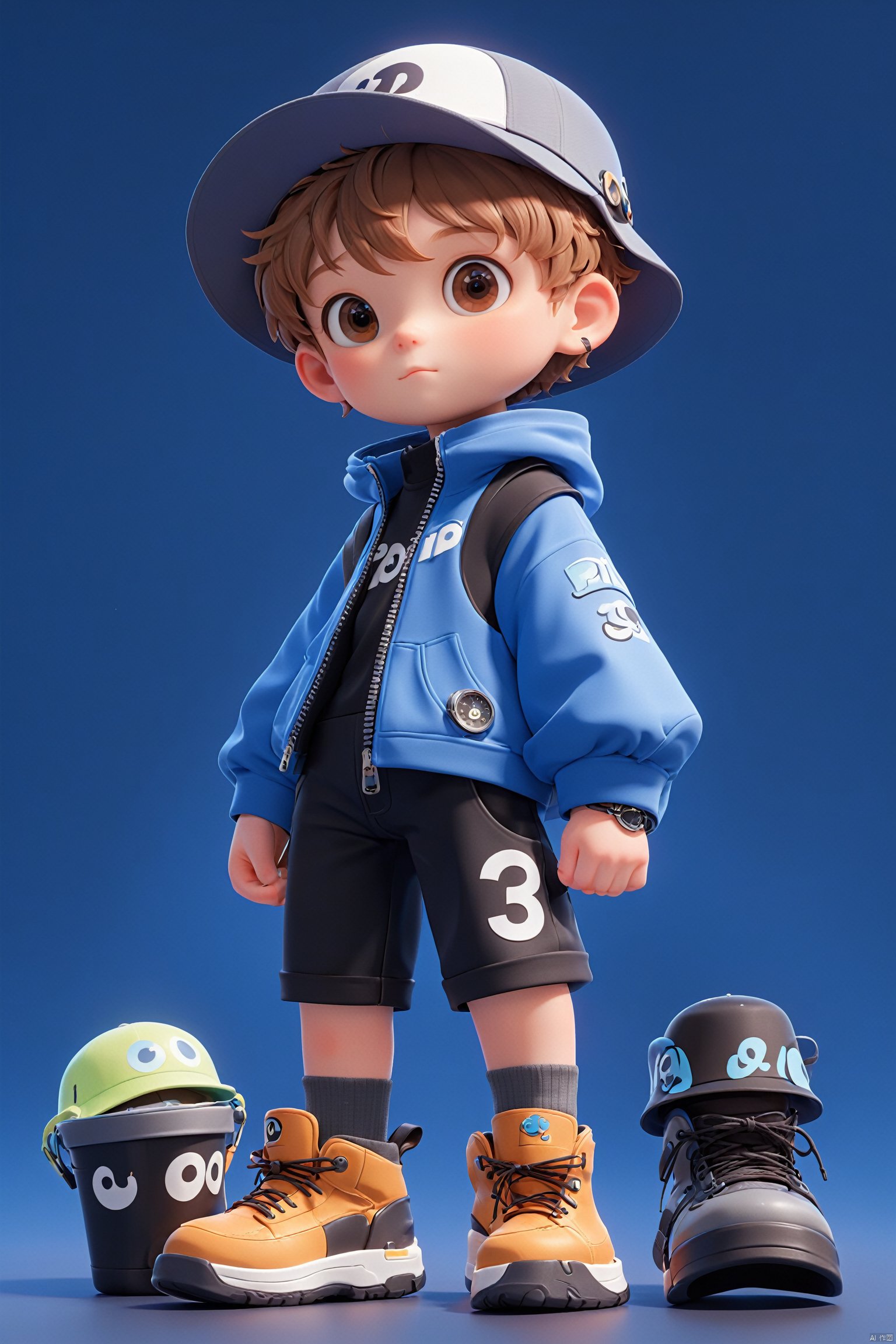 3D IP\(hubgstyle)\,
pixar style, cute, boy, light brown hair, dark blue zip up, black capri pants, big designer boots, small dark gray Bucket Hat, black watch, black socks,3d style