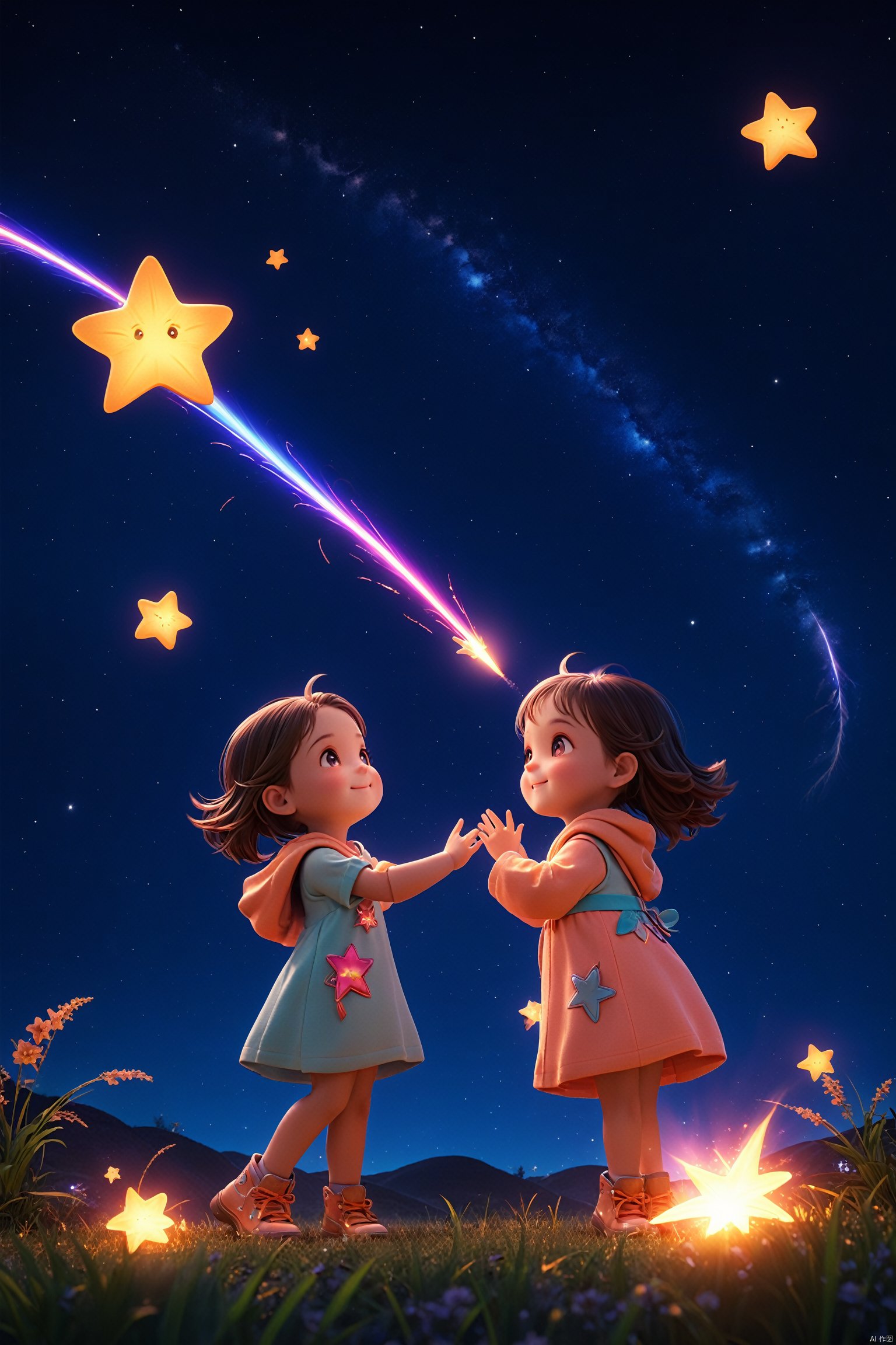 3D IP\(hubgstyle)\,
A cute little 8yo girl looking at a shooting star in the night sky with happiness.It is a festival of firewroks.The colors are vivid and glowing giving an excellent look.amazing details, perfect lighting and reflections,unreal engine 5, RTX on,ultra HD, 8k, intricate, masterpiece, awards winning