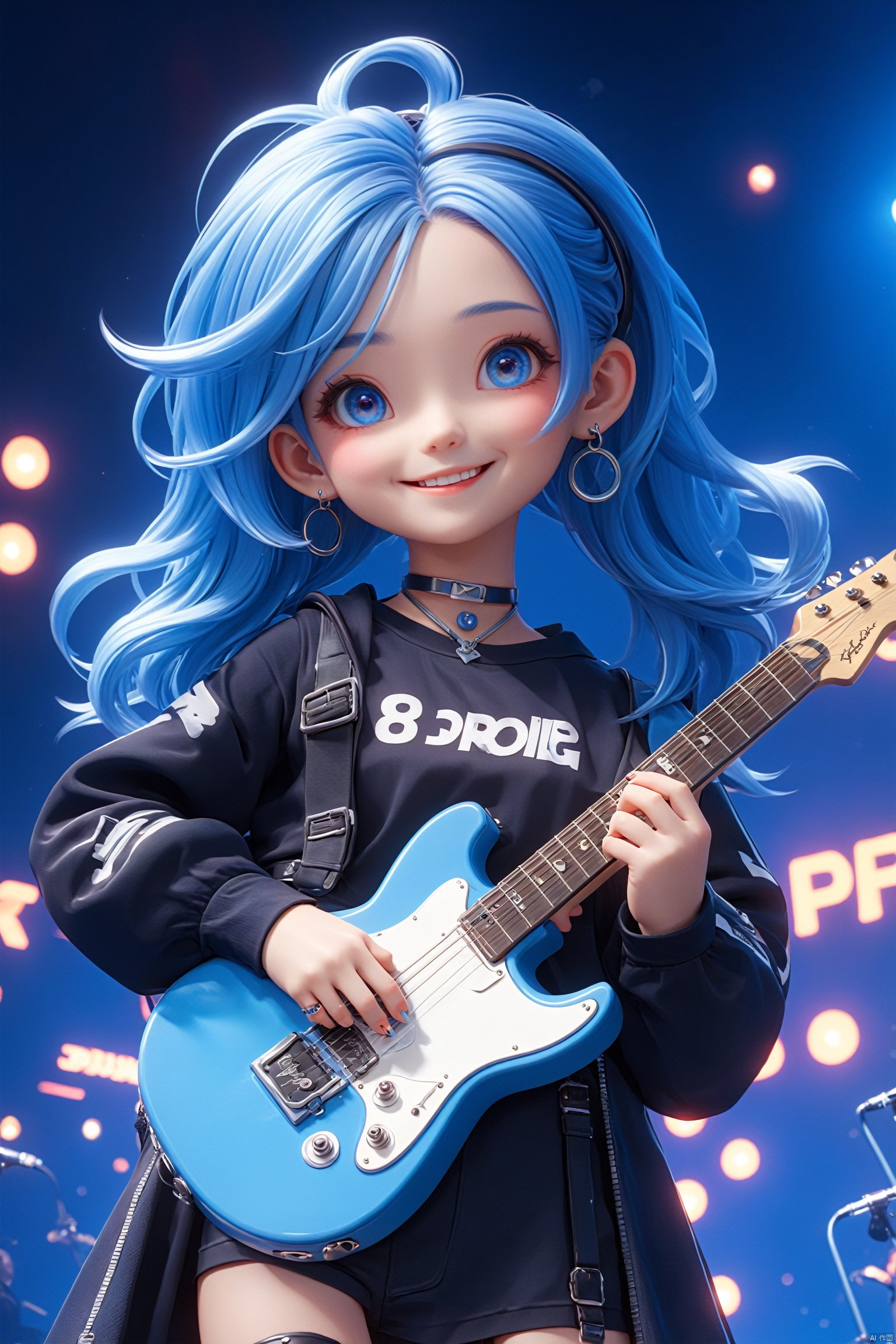 3D IP\(hubgstyle)\,
Masterpiece,highest quality,realistic,very fine and fine details,high resolution,8K, hubg\(haixiaoqiong)\, 1girl, smile,blue hair,rock music, guiter,