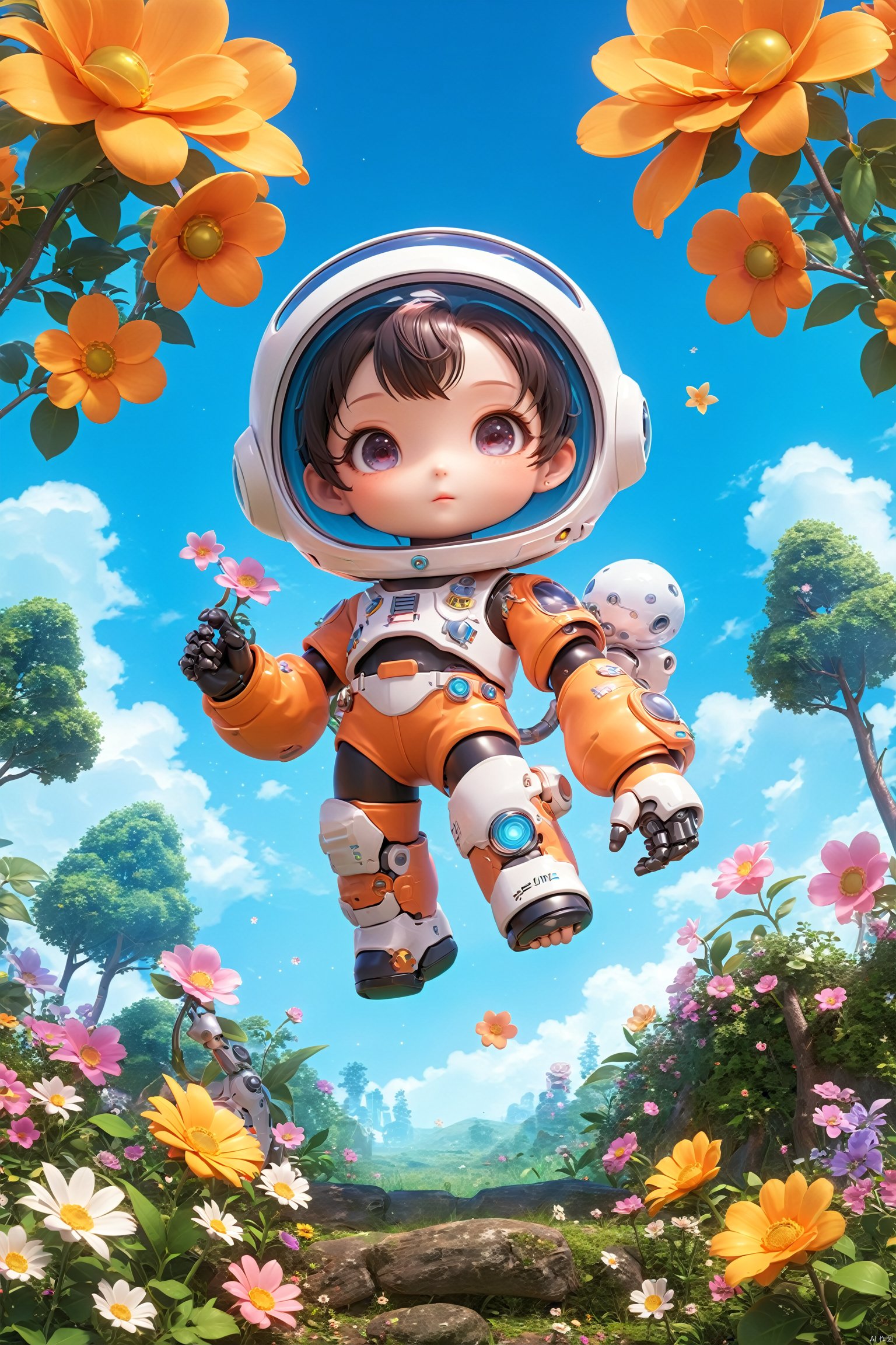 3D IP\(hubgstyle)\,
masterpiece, best quality,8K,official art, ultra high res, 
1girl,chibi, full body, robot, astronauts outdoors, flowers, trees,
anime style, key visual, vibrant, studio anime,