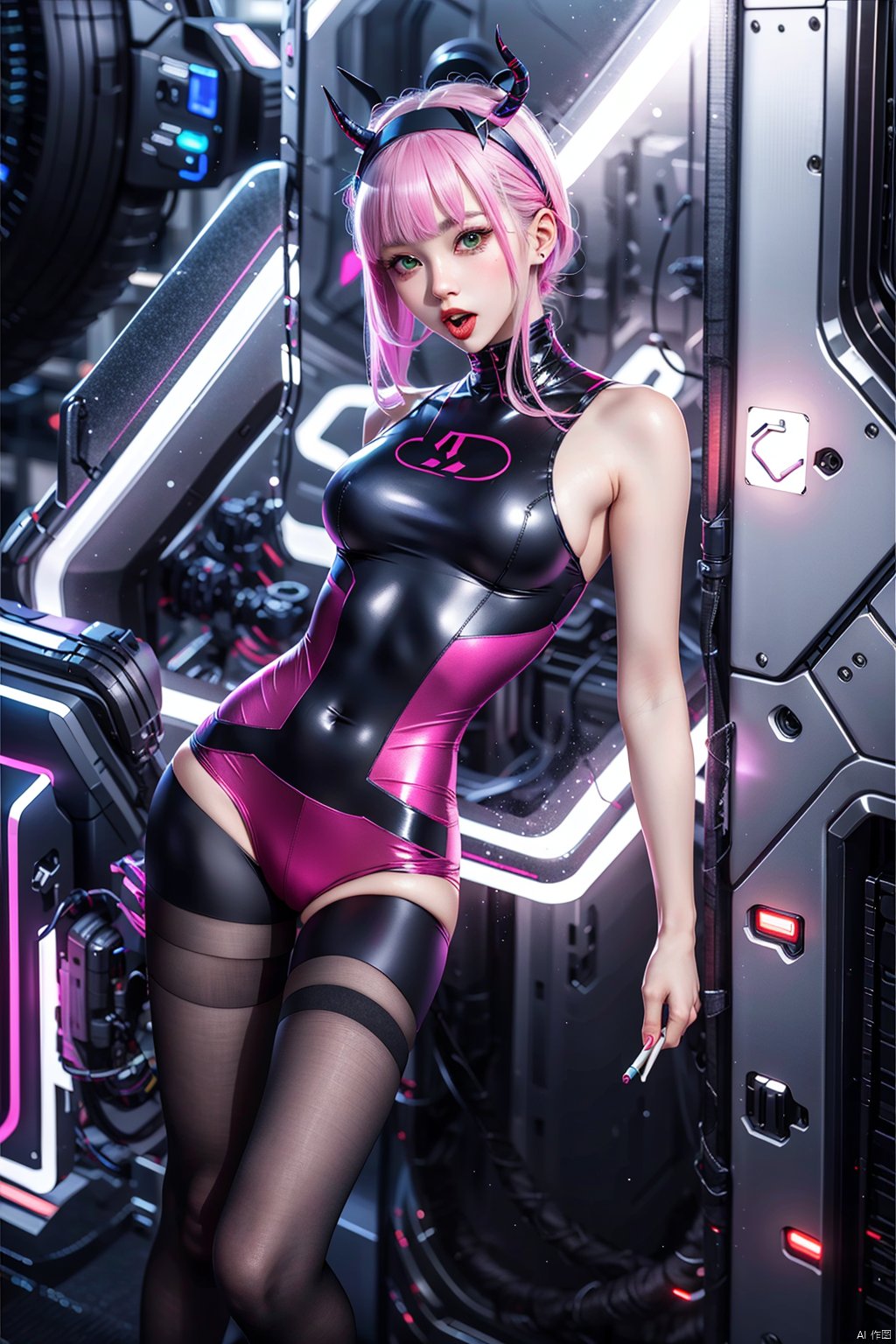 Cyberpunk, girl, full body portrait, masterpiece, 8K, CG, Xiao Wu, 1 girl, 1 girl, solo, long hair, looking at the audience, bangs, green eyes, pink hair, hairband, food, horns, tongue, tongue sticking out, lips, tights, candy, lollipop, white hairband, reality, pilot suit, red horns, red tights, zero two\, five fingers,