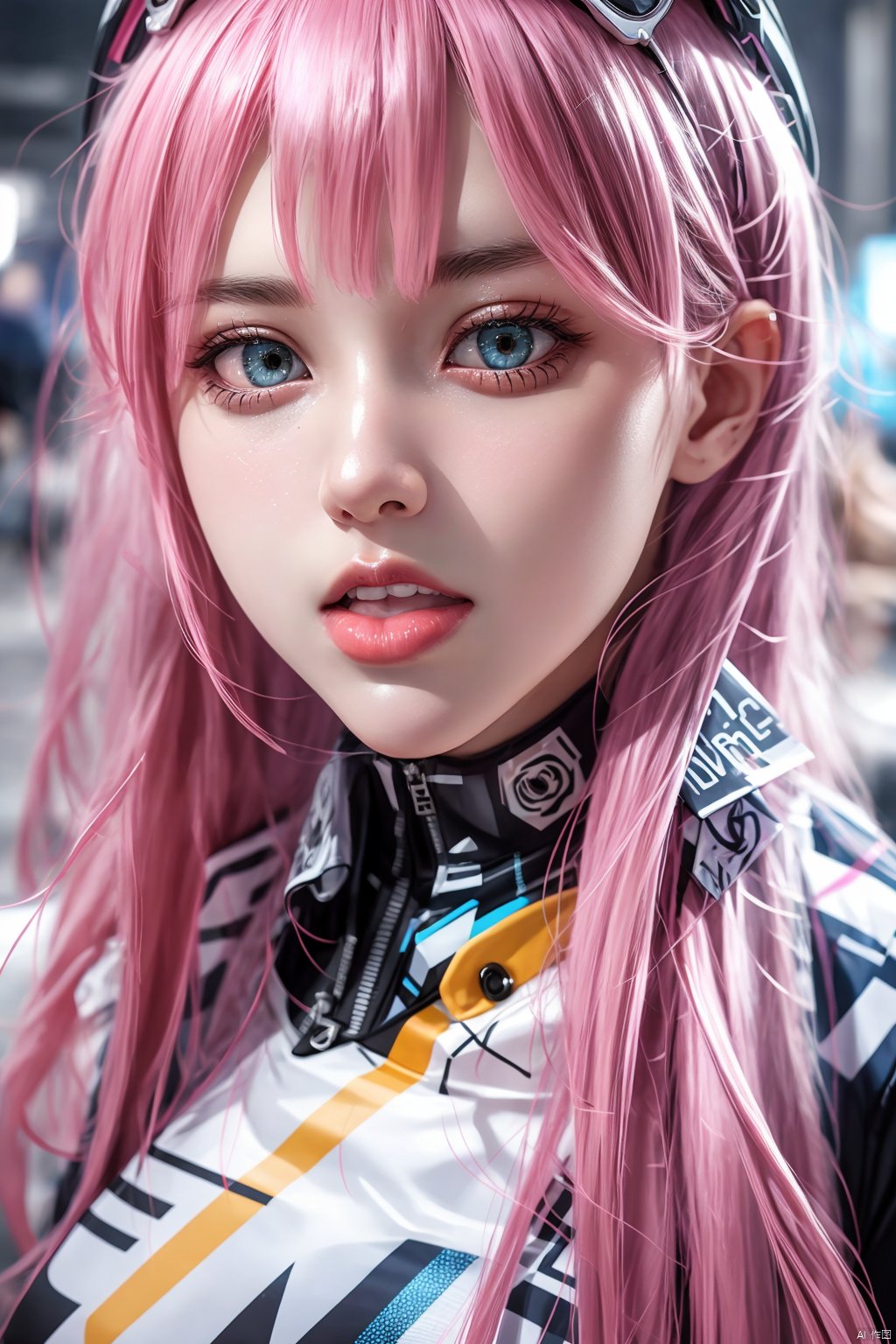 Cyberpunk, girl, full-body portrait, masterpiece, 8K, CG, Xiao Wu, 1girl,1girl, solo, long hair, looking at viewer, bangs, green eyes, pink hair, hairband, food, horns, tongue, tongue out, lips, bodysuit, candy, lollipop, white hairband, realistic, pilot suit, red horns, red bodysuit, zero two \(darling in the franxx\)