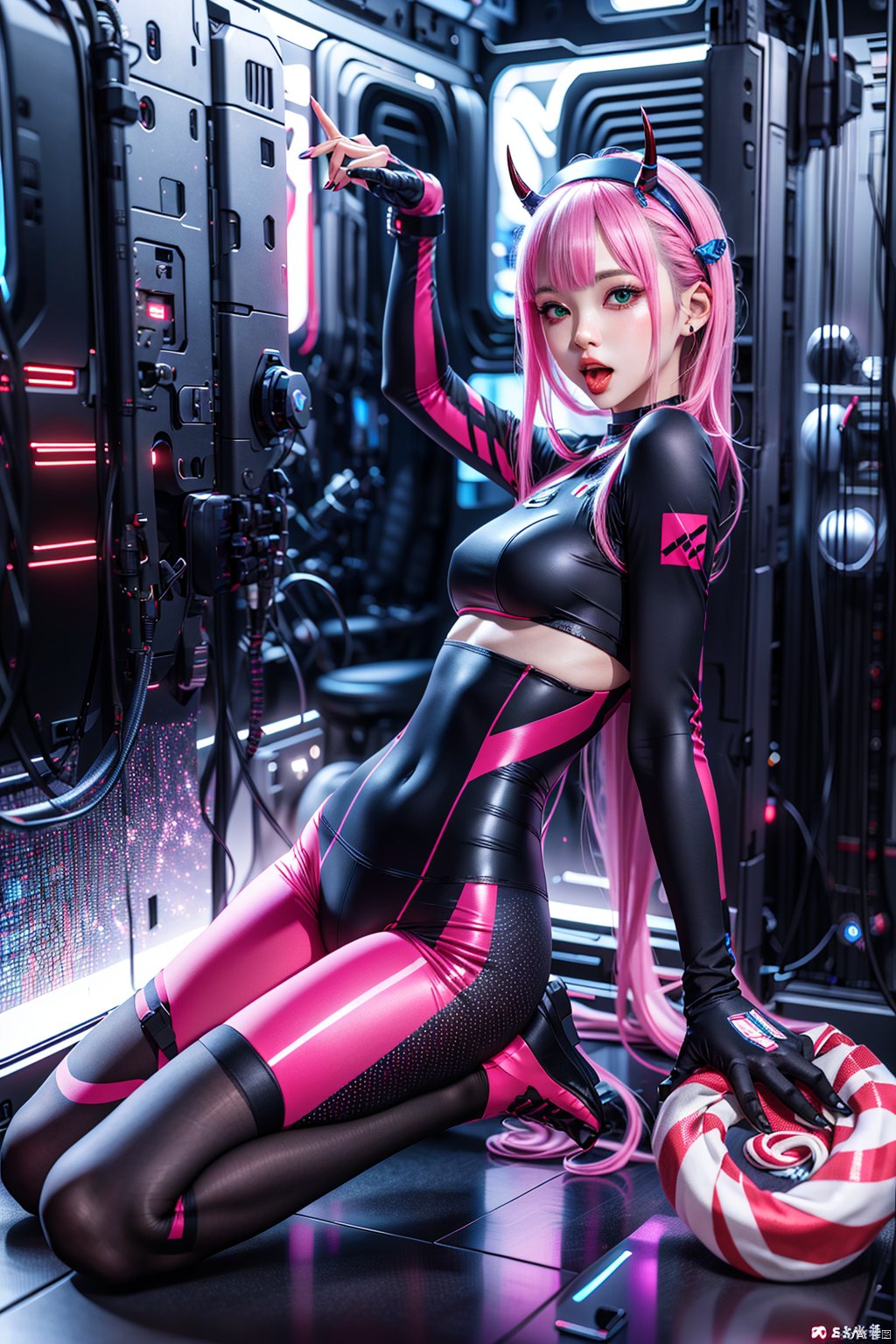 Cyberpunk, girl, full body portrait, masterpiece, 8K, CG, Xiao Wu, 1 girl, 1 girl, solo, long hair, looking at the audience, bangs, green eyes, pink hair, hairband, food, horns, tongue, tongue sticking out, lips, tights, candy, lollipop, white hairband, reality, pilot suit, red horns, red tights, zero two\, five fingers,