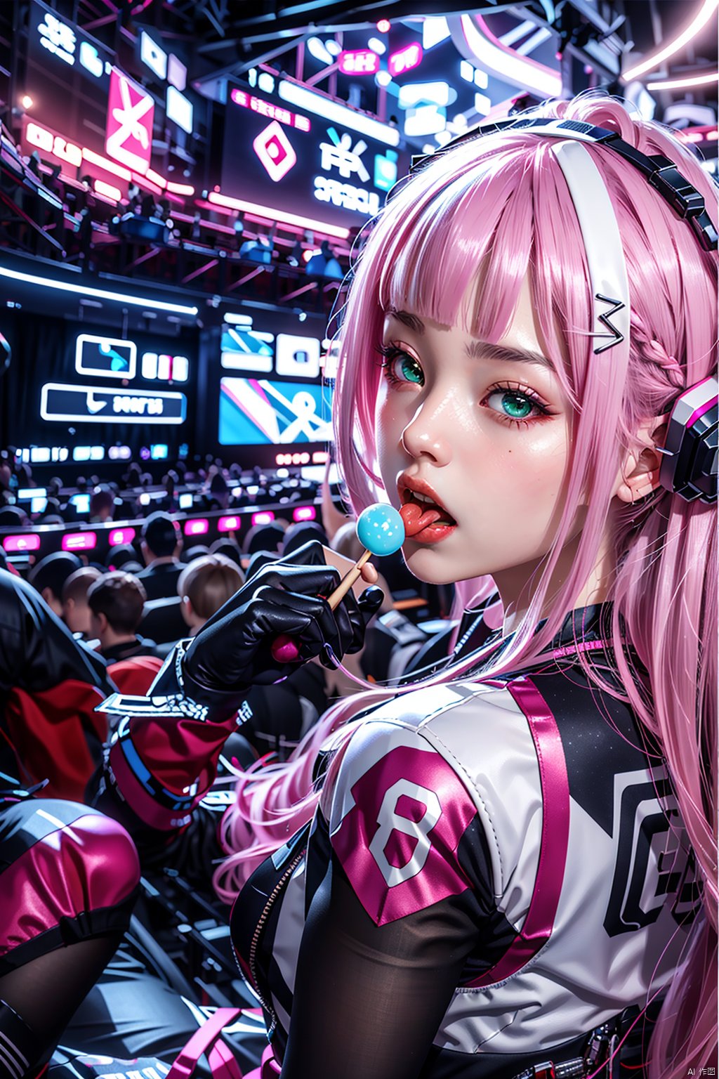 Cyberpunk, girl, full body portrait, masterpiece, 8K, CG, Xiao Wu, 1 girl, 1 girl, solo, long hair, looking at the audience, bangs, green eyes, pink hair, hairband, food, horns, tongue, tongue sticking out, lips, tights, candy, lollipop, white hairband, reality, pilot suit, red horns, red tights, zero two\, five fingers,