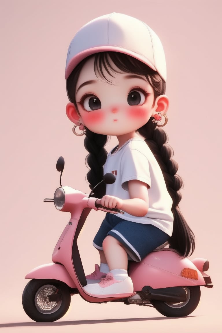 1girl, solo, riding a scooter,long hair, looking at viewer, blush, simple background, shirt, black hair, hat, jewelry, standing, full body, braid, short sleeves, heart, earrings, shoes, socks, chibi, black eyes, twin braids, white socks, sneakers, child, baseball cap, pink shirt, female child, pink headwear, heart earrings, cartoon