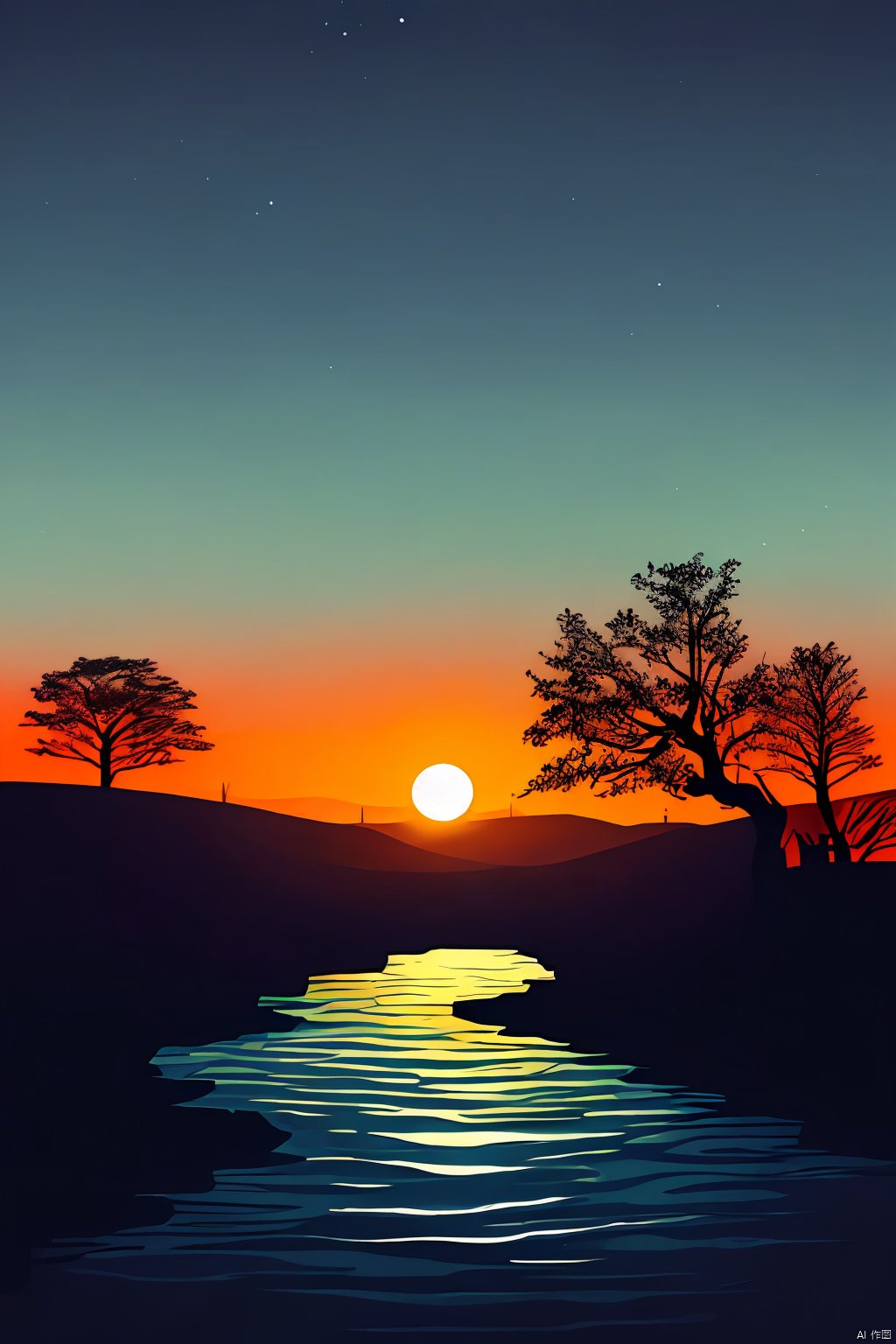 Silhouette_Landscape,Wallpaper,outdoors,sky,cloud,water,tree,nature,scenery,sun,star,