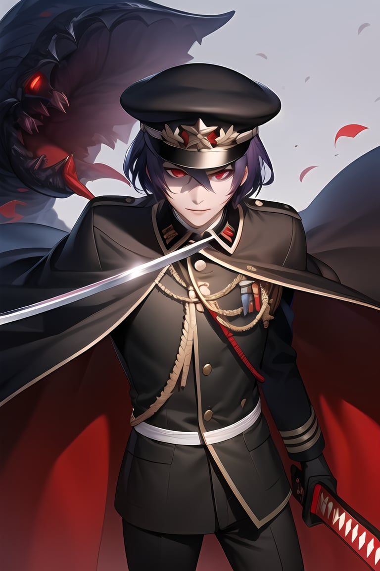 masterpiece, best quality, Looking at viewer, male_focus, 1boy, 
,Yomi,Purple hair,Red eyes,hat, monster, monster background, (((horror))),  military uniform,katana,weapon, black cape,