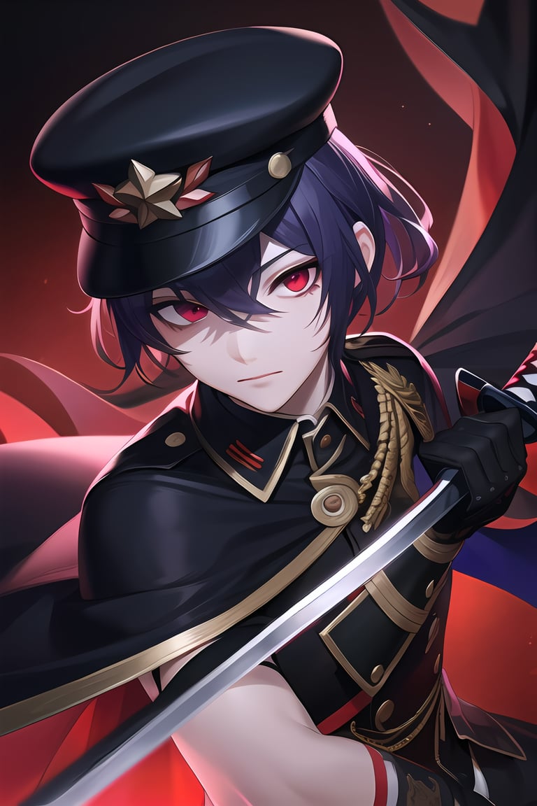 masterpiece, best quality, Looking at viewer, male_focus, 1boy, 
,Yomi,Purple hair,Red eyes,hat, monster, monster background, (((horror))),  military uniform,katana,weapon, black cape,