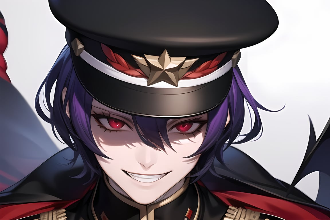 masterpiece, best quality, Looking at viewer, male_focus, 1boy, 
,Yomi,Purple hair,Red eyes,hat, monster,  (((horror))),  military uniform,black cape, black_background, close_up, evil smile, grin,