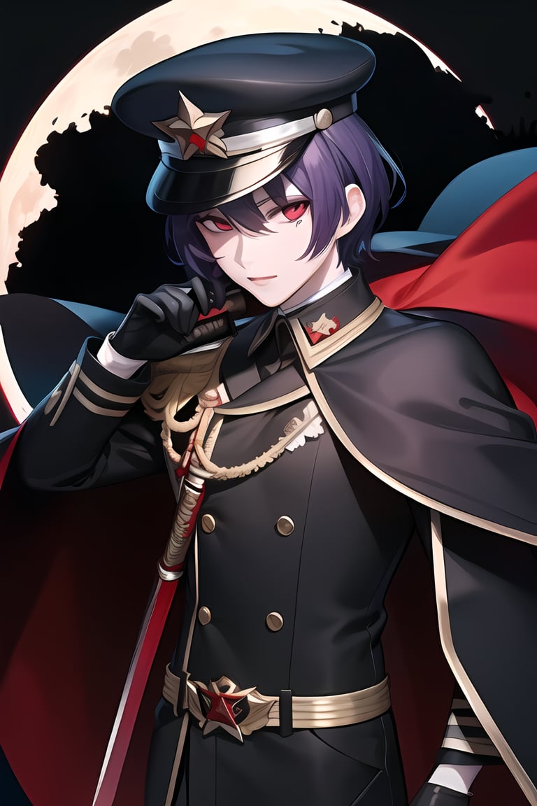 masterpiece, best quality, Looking at viewer, male_focus, 1boy, 
,Yomi,Purple hair,Red eyes,hat, monster,  (((horror))),  military uniform,katana,black cape, black_background, monster hand, multiple_monster, white gloves, moon,