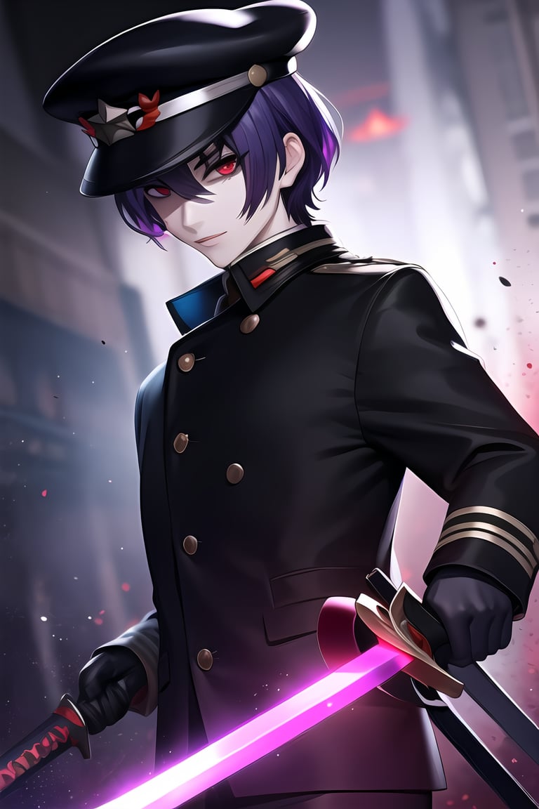 masterpiece, best quality, Looking at viewer, male_focus, 1boy, 
,Yomi,Purple hair,Red eyes,hat, monster, monster background, (((horror))), sword,