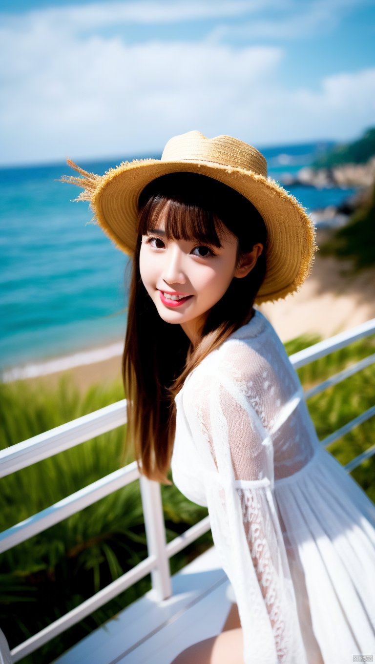  1girl, hat, long hair, solo, outdoors, black hair, dress, white dress, sun hat, looking at viewer, day, black eyes, chair, beach, ocean, blurry, smile, parted lips, dutch angle, straw hat, lipstick, bangs, standing, from side, makeup, water, scenery, sky, teeth, red lips, lips, brown eyes, blurry background, holding, depth of field, sitting, realistic, looking to the side, long sleeves, railing, pale skin, looking back, shore, leaning forward, sundress, breasts, blunt bangs, see-through, brown hair, umbrella