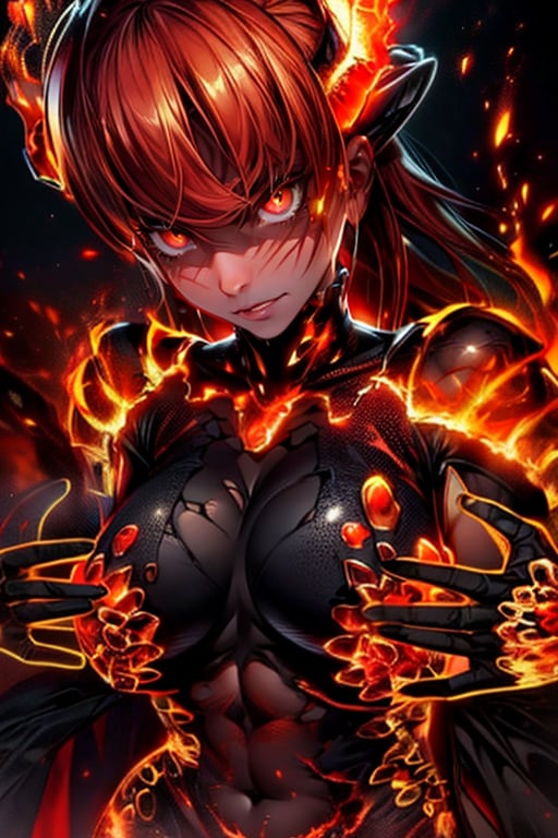 ((masterpiece, highest quality, Highest image quality, High resolution, photorealistic, Raw photo, 8K)), ((Extremely detailed CG unified 8k wallpaper)), (huge stunning goddess shot, very hot and sexy, jaw-dropping beauty, perfect proportions, beautiful body, slim body beauty:1.4), Lava demon, her body is made of lava, her hair is made of burning flames, hot body also burns the air around it, eyes of fire, sheepish curled big horns, burning red in the darkness, burning everything, spewing fury that turns into flames and cloaks the body, sparks of fire dance, flames erupt from the torn body, images of flames in the darkness, red and black theme, angry face, Glaring at the viewer, 