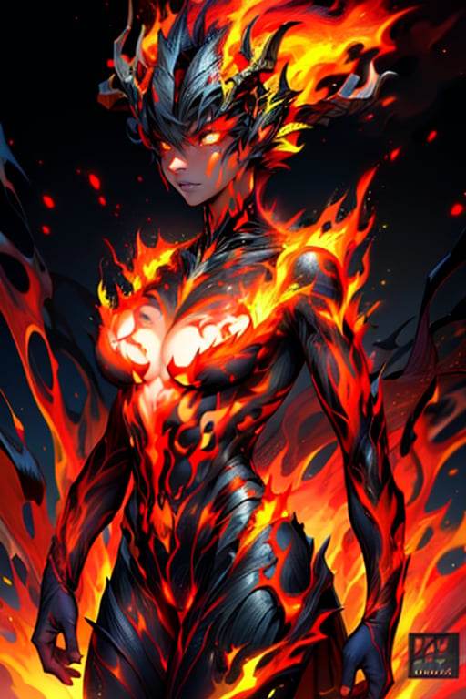 ((masterpiece, highest quality, Highest image quality, High resolution, photorealistic, Raw photo, 8K)), ((Extremely detailed CG unified 8k wallpaper)), (huge stunning goddess shot, very hot and sexy, jaw-dropping beauty, perfect proportions, beautiful body, slim body beauty:1.4), Lava demon, her body is made of lava, her hair is made of burning flames, hot body also burns the air around it, eyes of fire, sheepish curled big horns, burning red in the darkness, burning everything, spewing fury that turns into flames and cloaks the body, sparks of fire dance, flames erupt from the torn body, images of flames in the darkness, red and black theme, angry face,