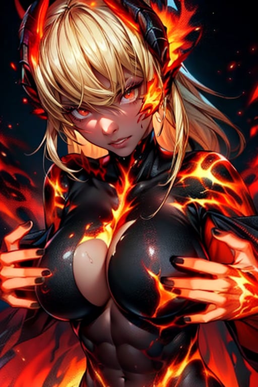 ((masterpiece, highest quality, Highest image quality, High resolution, photorealistic, Raw photo, 8K)), ((Extremely detailed CG unified 8k wallpaper)), (huge stunning goddess shot, very hot and sexy, jaw-dropping beauty, perfect proportions, beautiful body, slim body beauty:1.4), Lava demon, her body is made of lava, her hair is made of burning flames, hot body also burns the air around it, eyes of fire, sheepish curled big horns, burning red in the darkness, burning everything, spewing fury that turns into flames and cloaks the body, sparks of fire dance, flames erupt from the torn body, images of flames in the darkness, red and black theme, angry face, Glaring at the viewer, 