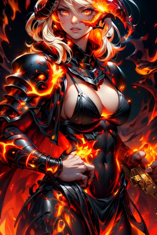 ((masterpiece, highest quality, Highest image quality, High resolution, photorealistic, Raw photo, 8K)), ((Extremely detailed CG unified 8k wallpaper)), (huge stunning goddess shot, very hot and sexy, jaw-dropping beauty, perfect proportions, beautiful body, slim body beauty:1.4), Lava demon, her body is made of lava, her hair is made of burning flames, hot body also burns the air around it, eyes of fire, sheepish curled big horns, burning red in the darkness, burning everything, spewing fury that turns into flames and cloaks the body, sparks of fire dance, flames erupt from the torn body, images of flames in the darkness, red and black theme, angry face,