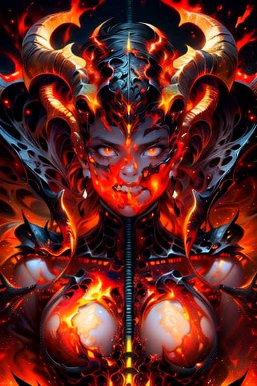 ((masterpiece, highest quality, Highest image quality, High resolution, photorealistic, Raw photo, 8K)), ((Extremely detailed CG unified 8k wallpaper)), (huge stunning goddess shot, very hot and sexy, jaw-dropping beauty, perfect proportions, beautiful body, slim body beauty:1.4), Lava demon, her body is made of lava, her hair is made of burning flames, hot body also burns the air around it, eyes of fire, sheepish curled big horns, burning red in the darkness, burning everything, spewing fury that turns into flames and cloaks the body, sparks of fire dance, flames erupt from the torn body, images of flames in the darkness, red and black theme, anger, 