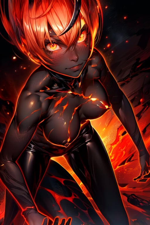 ((masterpiece, highest quality, Highest image quality, High resolution, photorealistic, Raw photo, 8K)), ((Extremely detailed CG unified 8k wallpaper)), (huge stunning goddess shot, very hot and sexy, jaw-dropping beauty, perfect proportions, beautiful body, slim body beauty:1.4), Lava demon, her body is made of lava, her hair is made of burning flames, hot body also burns the air around it, eyes of fire, sheepish curled big horns, burning red in the darkness, burning everything, spewing fury that turns into flames and cloaks the body, sparks of fire dance, flames erupt from the torn body, images of flames in the darkness, red and black theme, angry face, Glaring at the viewer, 