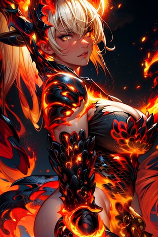 ((masterpiece, highest quality, Highest image quality, High resolution, photorealistic, Raw photo, 8K)), ((Extremely detailed CG unified 8k wallpaper)), (huge stunning goddess shot, very hot and sexy, jaw-dropping beauty, perfect proportions, beautiful body, slim body beauty:1.4), Lava demon, her body is made of lava, her hair is made of burning flames, hot body also burns the air around it, eyes of fire, sheepish curled big horns, burning red in the darkness, burning everything, spewing fury that turns into flames and cloaks the body, sparks of fire dance, flames erupt from the torn body, images of flames in the darkness, red and black theme, angry face, Glaring at the viewer, 