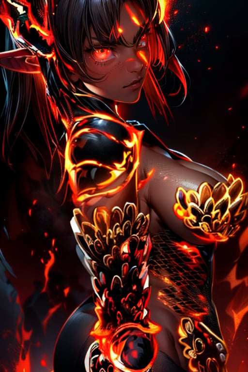 ((masterpiece, highest quality, Highest image quality, High resolution, photorealistic, Raw photo, 8K)), ((Extremely detailed CG unified 8k wallpaper)), (huge stunning goddess shot, very hot and sexy, jaw-dropping beauty, perfect proportions, beautiful body, slim body beauty:1.4), Lava demon, her body is made of lava, her hair is made of burning flames, hot body also burns the air around it, eyes of fire, sheepish curled big horns, burning red in the darkness, burning everything, spewing fury that turns into flames and cloaks the body, sparks of fire dance, flames erupt from the torn body, images of flames in the darkness, red and black theme, angry face, Glaring at the viewer, 