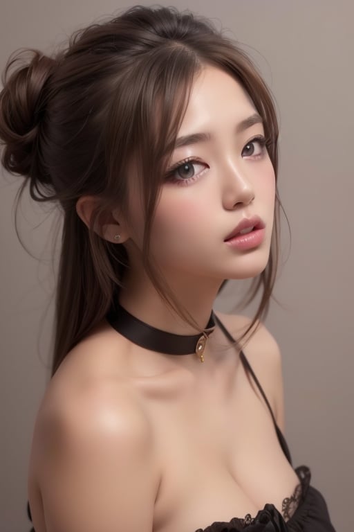 1girl
solo
brown hair
closed mouth
grey background
collar
lips
realistic ,beauty,yui,masterpiece,best quality,1 girl,ykm,1girl,lling ,solo