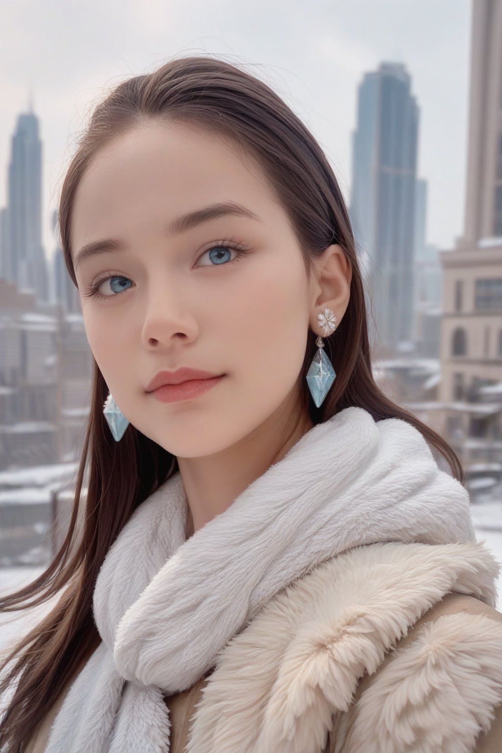 Score_9, Score_8_Up, Score_7_Up, Score_6_Up, Score_5_Up, Score_4_Up, Masterpiece, Best Quality, Realistic, Portraits, Close-Up, 1Girl, Solo, Upper Body, Winter Elegance, (Fur Coat, Leather Boots), (Crystal Earrings, Wool Scarf), (Snowy Cityscape Background)