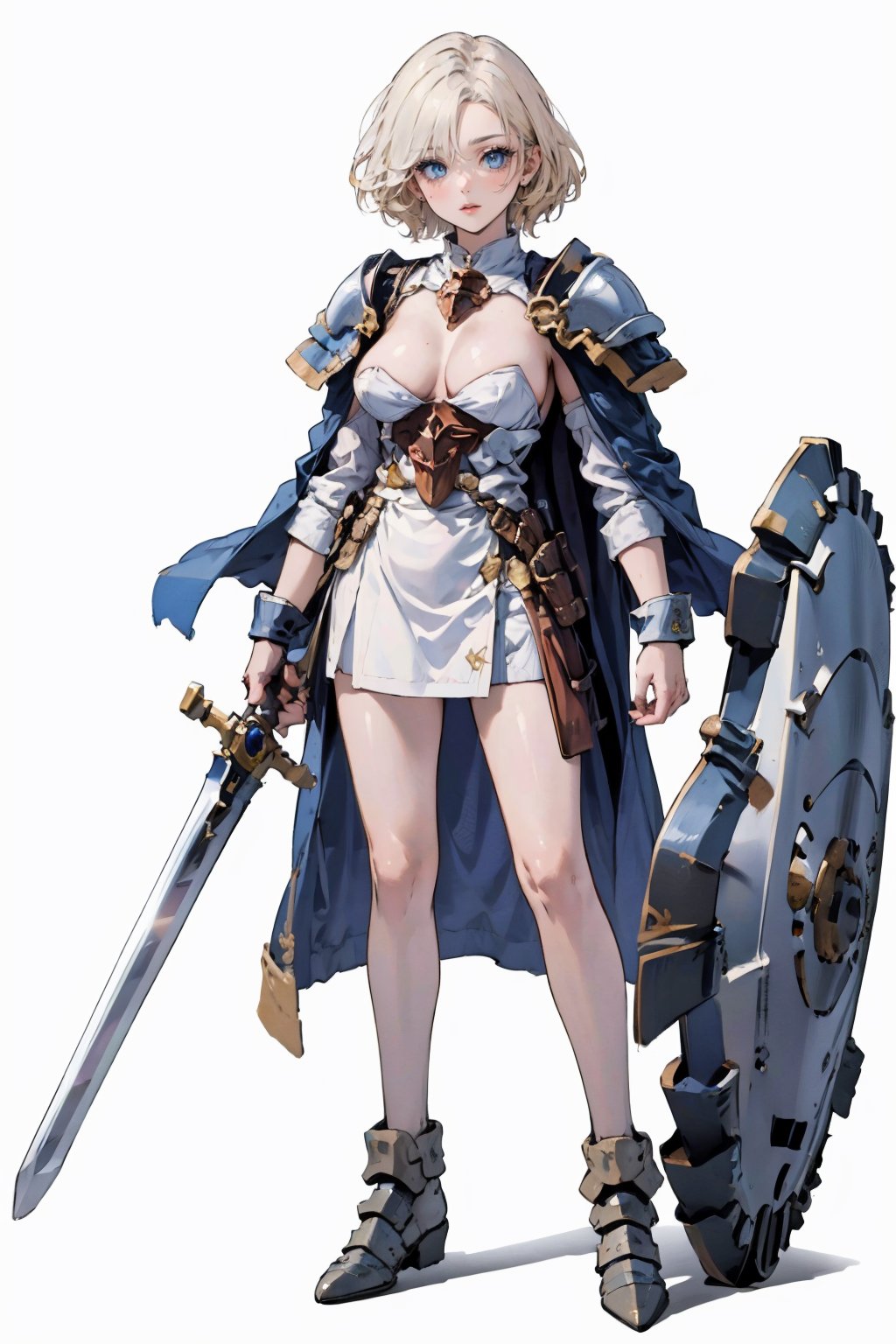 ((masterpiece, top quality, high resolution)), armored, Armor, armor, knight, 1girl, solo, looking at viewer,  , blue eyes, blonde hair, holding, standing, full body, weapon, boots, sword, cape, holding weapon, holding sword, shoulder armor, gauntlets, pauldrons, shield, breastplate, armored boots, greaves, plate armor, boobplate