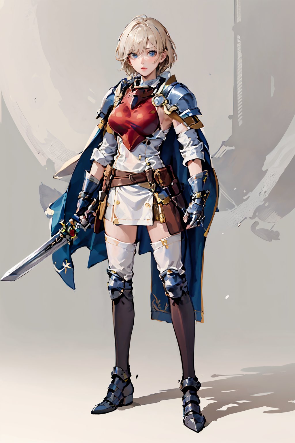 ((masterpiece, top quality, high resolution)), armored, Armor, armor, knight, 1girl, solo, looking at viewer, short hair, blue eyes, blonde hair, holding, standing, full body, weapon, boots, sword, cape, holding weapon, holding sword, shoulder armor, gauntlets, pauldrons, shield, breastplate, armored boots, greaves, plate armor, boobplate