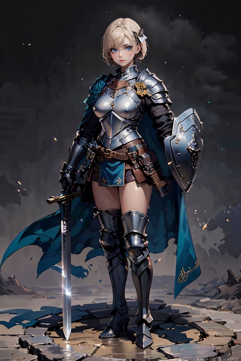 ((masterpiece, top quality, high resolution)), armored, Armor, armor, knight, 1girl, solo, looking at viewer, short hair, blue eyes, blonde hair, holding, standing, full body, weapon, boots, sword, cape, holding weapon, holding sword, shoulder armor, gauntlets, pauldrons, shield, breastplate, armored boots, greaves, plate armor, boobplate,bg_imgs