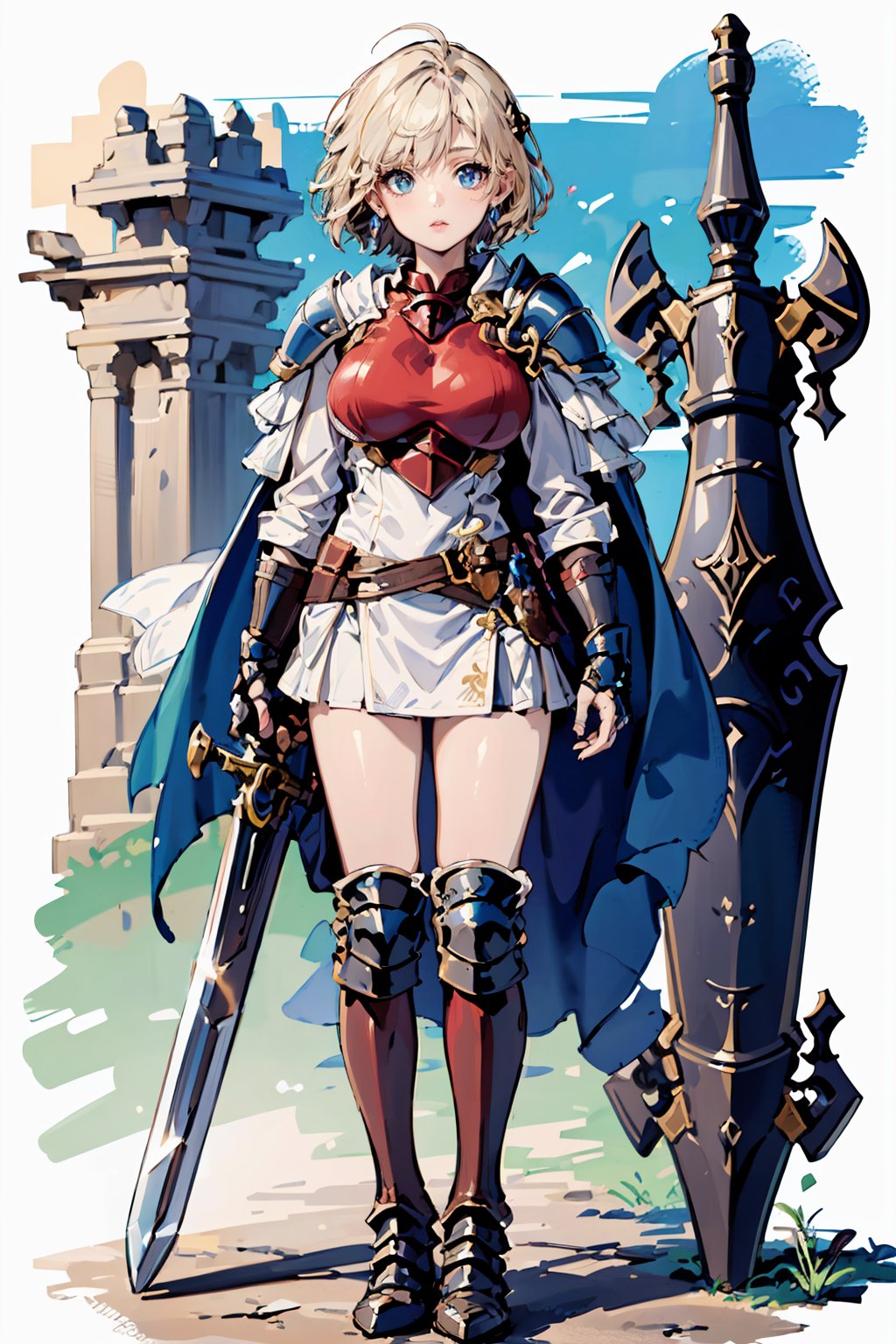 ((masterpiece, top quality, high resolution)), armored, Armor, armor, knight, 1girl, solo, looking at viewer, short hair, blue eyes, blonde hair, holding, standing, full body, weapon, boots, sword, cape, holding weapon, holding sword, shoulder armor, gauntlets, pauldrons, shield, breastplate, armored boots, greaves, plate armor, boobplate